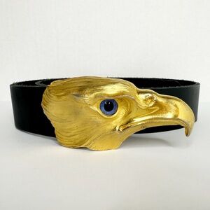 Christopher Ross Gold Eagle Buckle Black Leather Belt Signed 1984